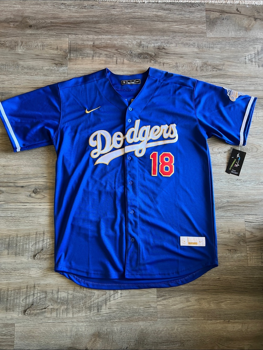 Nike Dodgers Royal Blue Button-Up Jersey with White Script & Red Number 18